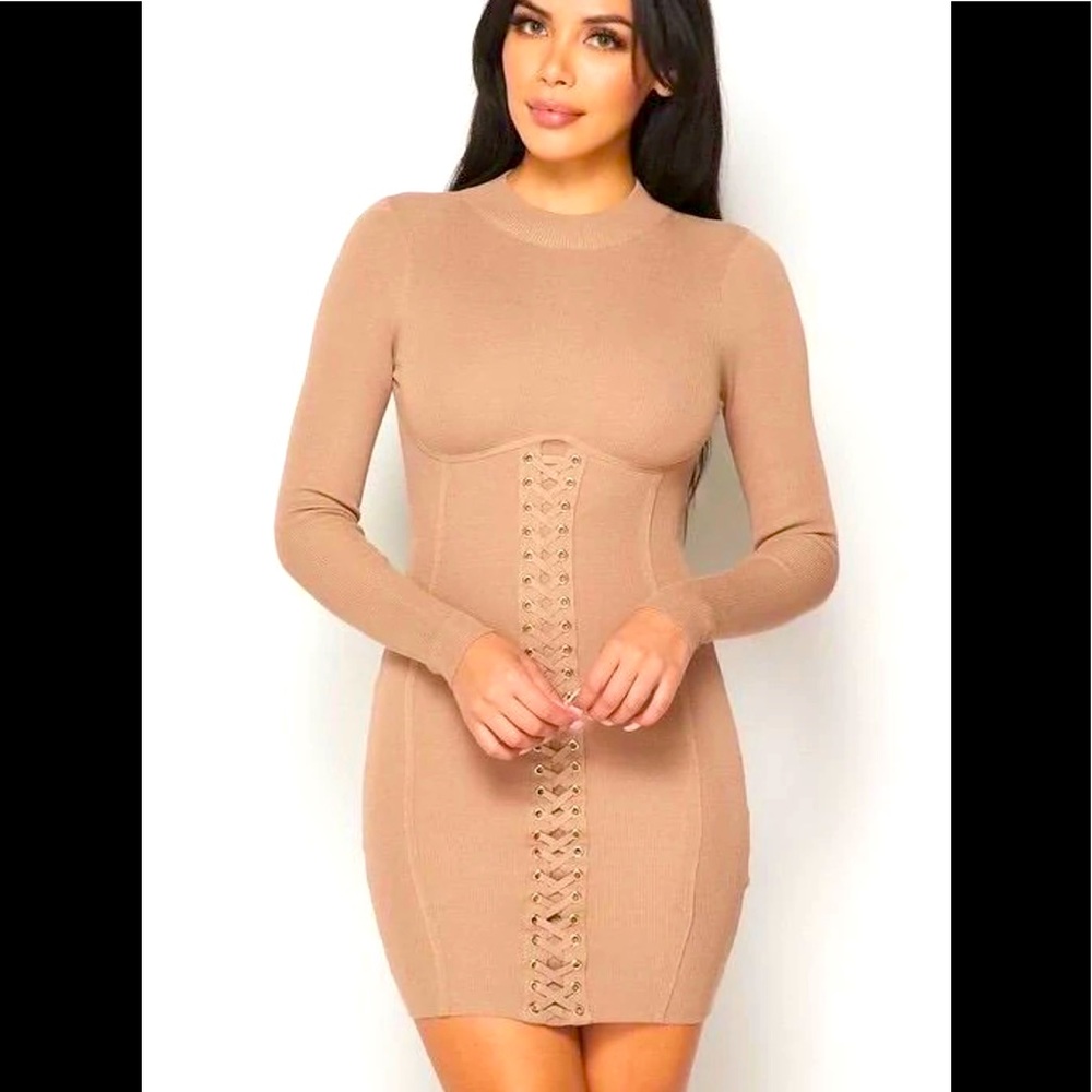 knitted dress with corset midsection.